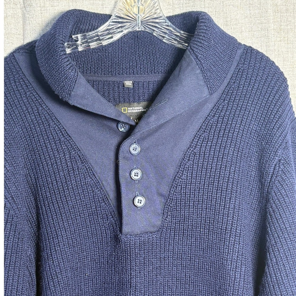 National Geographic Mens 100% Wool Ribbed Shawl Collar Sweater Navy Blue Medium
